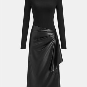 Knit & Faux Leather Asymmetric
 Long Sleeve Dress